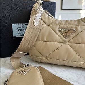 New In Box Prada Re-Nylon Quilted Shoulder Crossbody Bag in Desert Beige